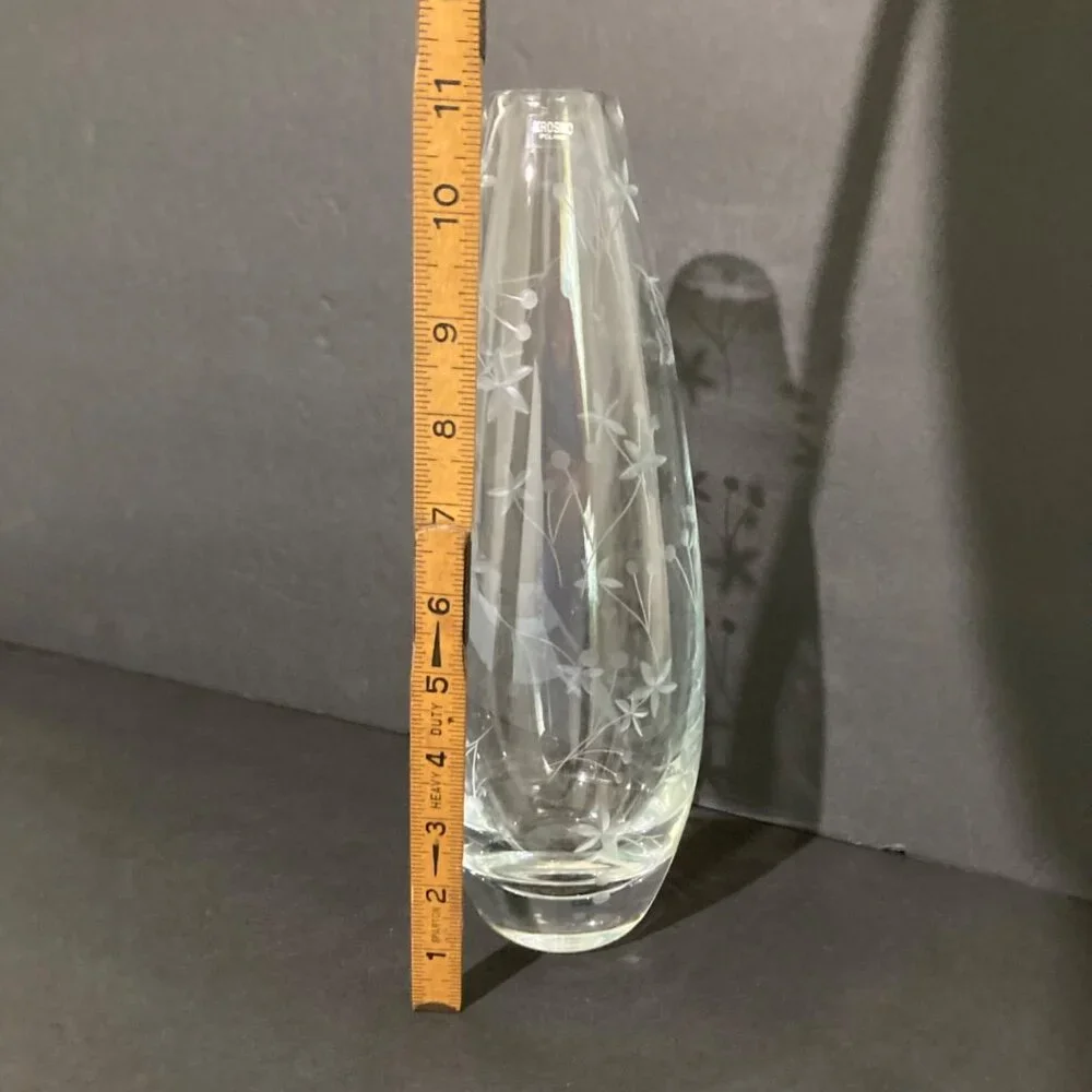 Krosno Poland Etched Glass Vase Minimalist Floral Pattern Polish Crystal